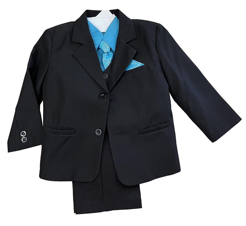 LA Merchandise LAGSS8226J 5 piece Classic Boys Solid Suit Set - Black Turquoise - Boys suits LA Suits