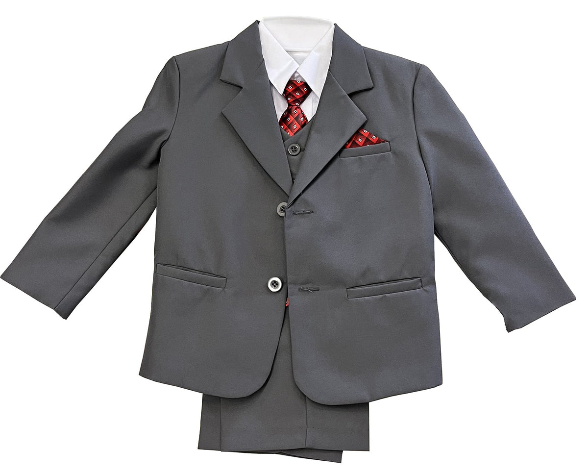 LA Merchandise LAGSS8226J 5 piece Classic Boys Solid Suit Set - Grey Red - Boys suits LA Suits