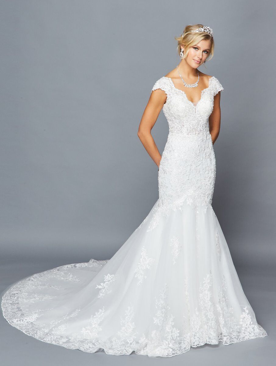 LA Merchandise LADK423 Cap Sleeve Mermaid Embroidered Wedding Dress - IVORY - Dresses LA Merchandise