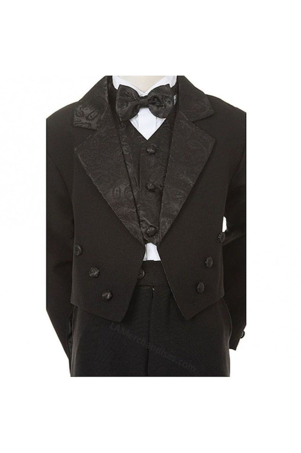 LA Merchandise LAGSSTX100 5 pc Boys Tail Tuxedo With Jacquard Bowtie & Vest - - Boys suits LA Suits