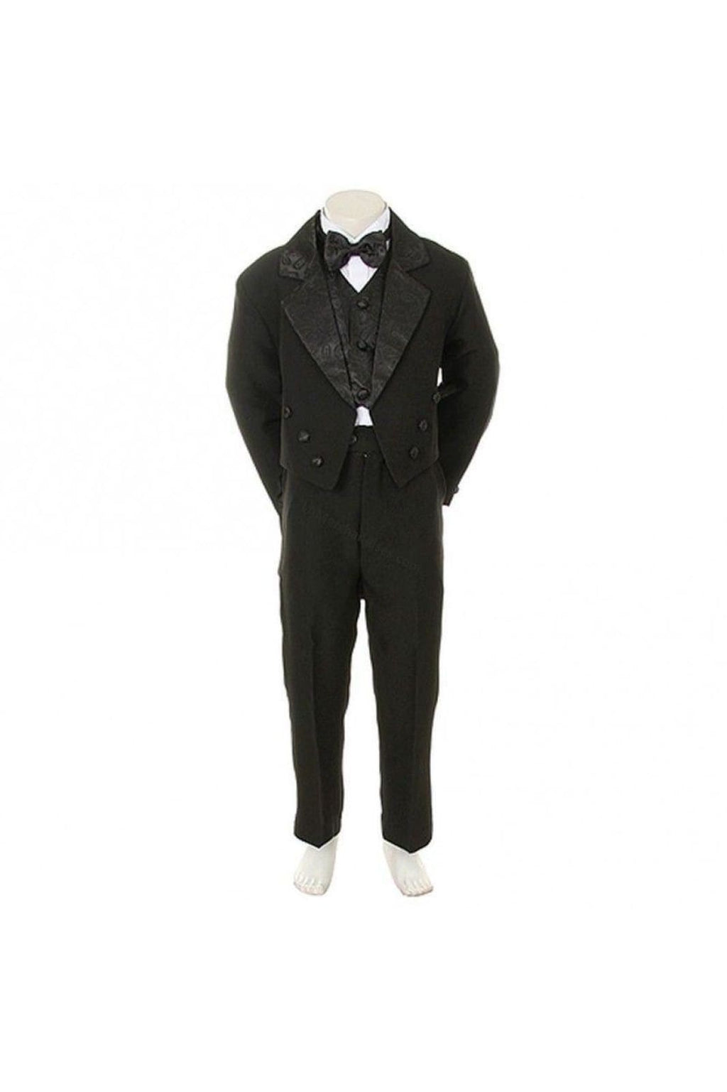 LA Merchandise LAGSSTX100 5 pc Boys Tail Tuxedo With Jacquard Bowtie & Vest - BLACK - Boys suits LA Suits