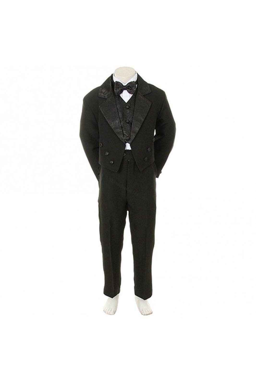 LA Merchandise LAGSSTX100 5 pc Boys Tail Tuxedo With Jacquard Bowtie & Vest - BLACK - Boys suits LA Suits