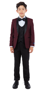 LA Merchandise LAGSAPBT283 5 pc Two Toned Boys Perry Ellis Tuxedo Suit - BURGUNDY BLACK - Boys suits LA Suits