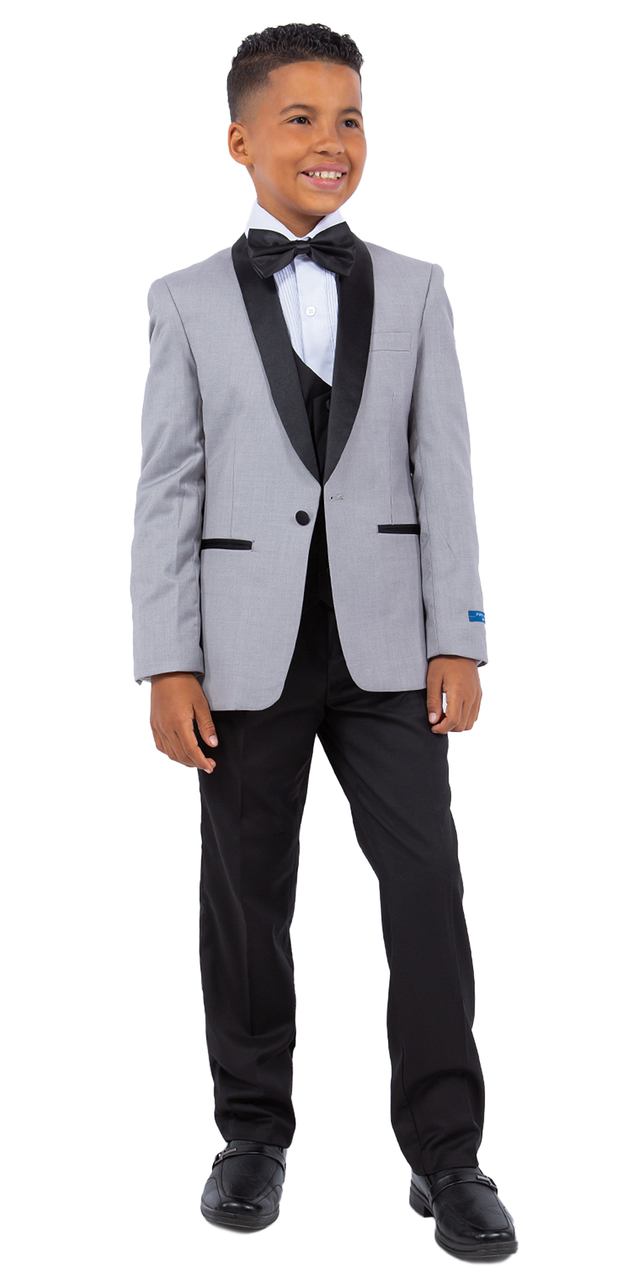 LA Merchandise LAGSAPBT283 5 pc Two Toned Boys Perry Ellis Tuxedo Suit - LIGHT GREY BLACK - Boys suits LA Suits
