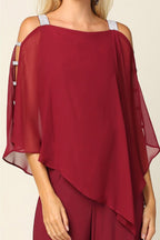 LA Merchandise LAV3381 Detailed Chiffon Cape on Stretch Jersey Jumpsuit - - Dress LA Merchandise