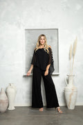 LA Merchandise LAV3381 Detailed Chiffon Cape on Stretch Jersey Jumpsuit - BLACK - Dress LA Merchandise