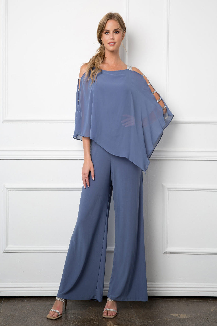 LA Merchandise LAV3381 Detailed Chiffon Cape on Stretch Jersey Jumpsuit - SLATE BLUE - Dress LA Merchandise