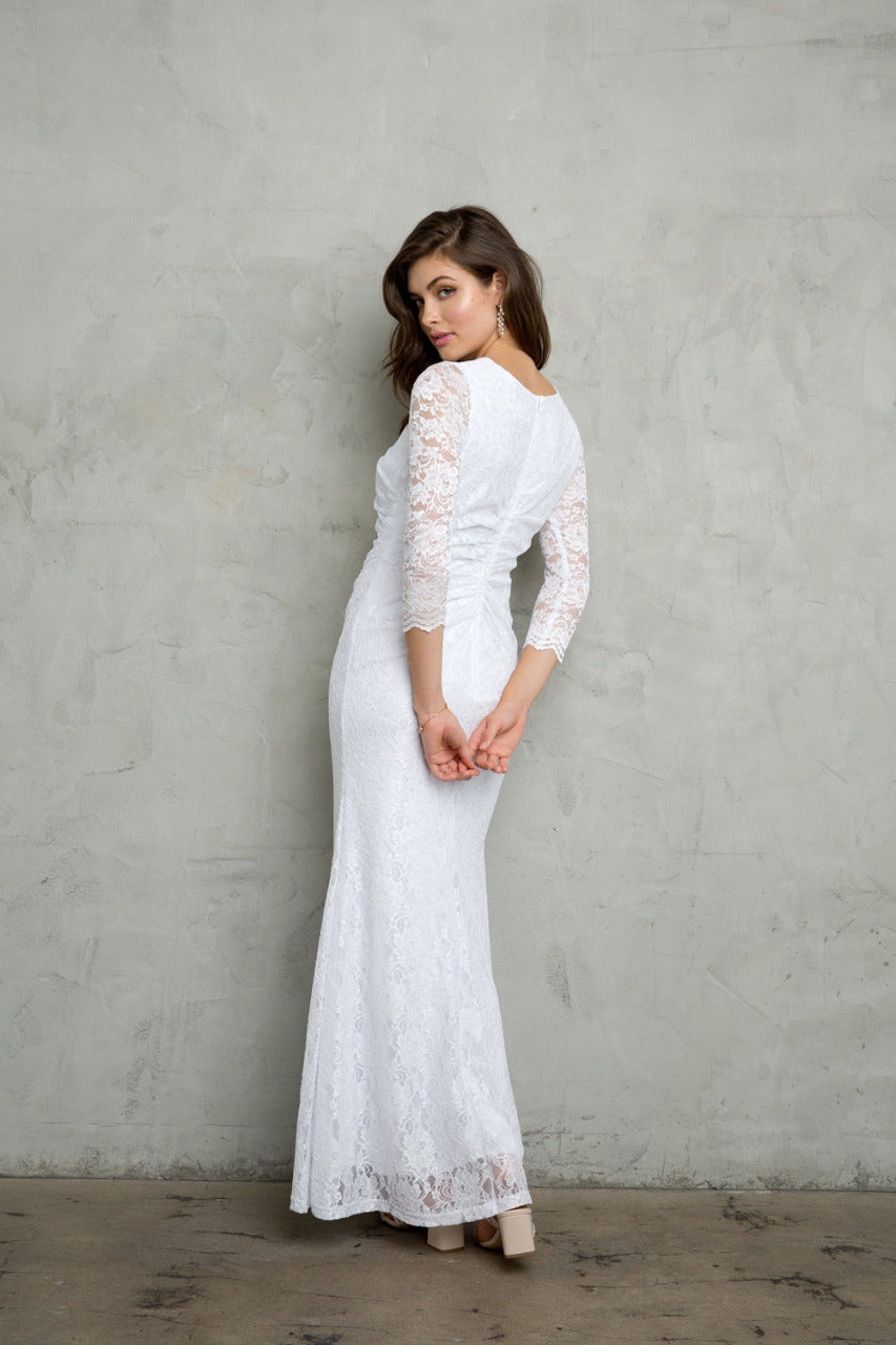 LA Merchandise LAV3397B Modest 3/4 Sleeve White Lace Bridal Dress - - Dress LAV