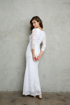 LA Merchandise LAV3397B Modest 3/4 Sleeve White Lace Bridal Dress - - Dress LAV