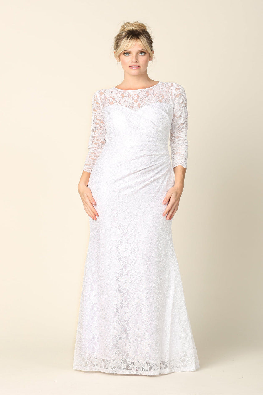 LA Merchandise LAV3397B Modest 3/4 Sleeve White Lace Bridal Dress - WHITE - Dress LAV