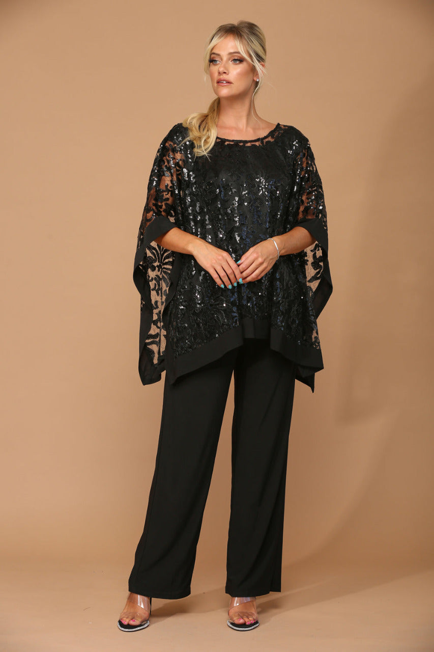 LA Merchandise LAV3443 Formal Pant Set W/ Sequin Cape Overlay - BLACK - Dress LA Merchandise