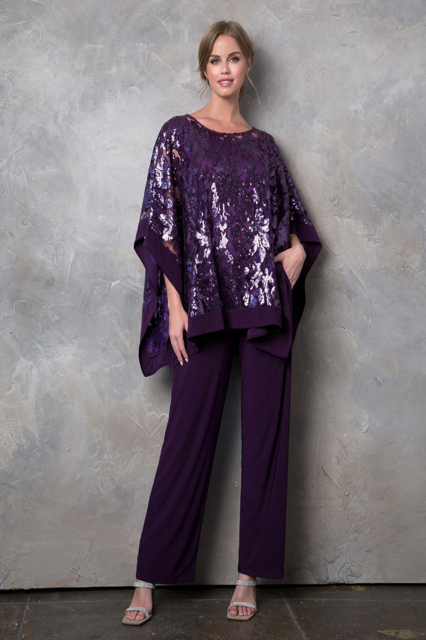 LA Merchandise LAV3443 Formal Pant Set W/ Sequin Cape Overlay - PLUM - Dress LA Merchandise