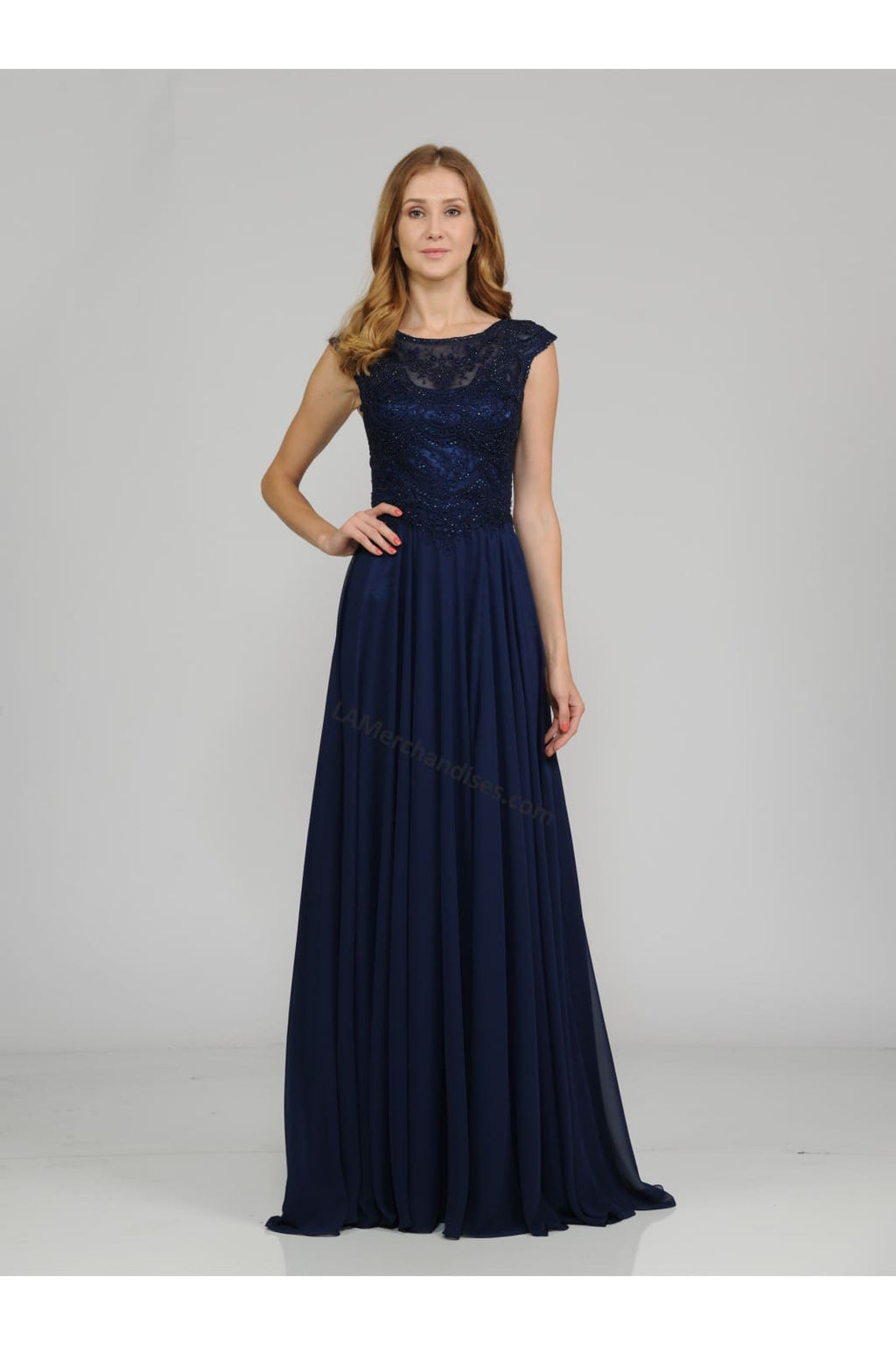 La Merchandise LAY8254 Cap sleeve long chiffon Mother of Bride dress - - LA Merchandise