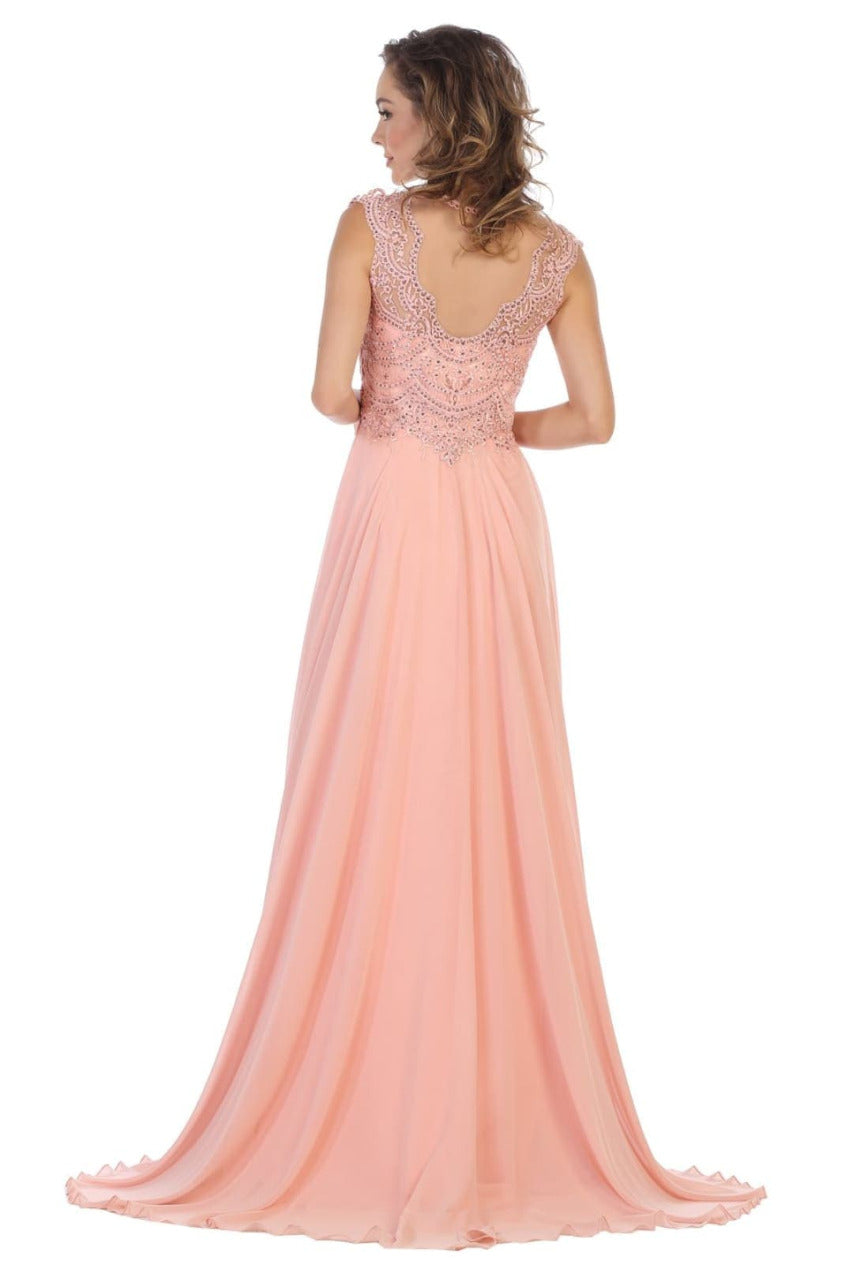 La Merchandise LA1563 Cap Sleeve Evening Dress With Slit - - LA Merchandise