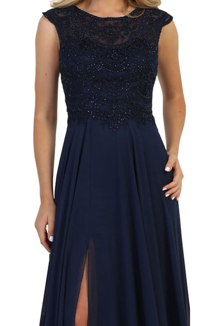 La Merchandise LA1563 Cap Sleeve Evening Dress With Slit - - LA Merchandise