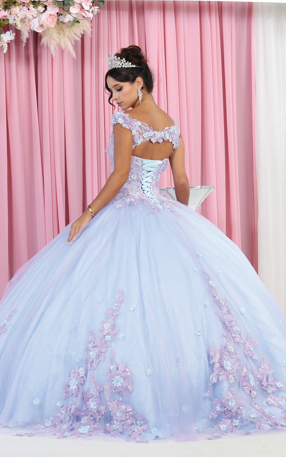 La Merchandise LA160 Floral Applique Off Shoulder Glitter Ball Gown - - LA Merchandise