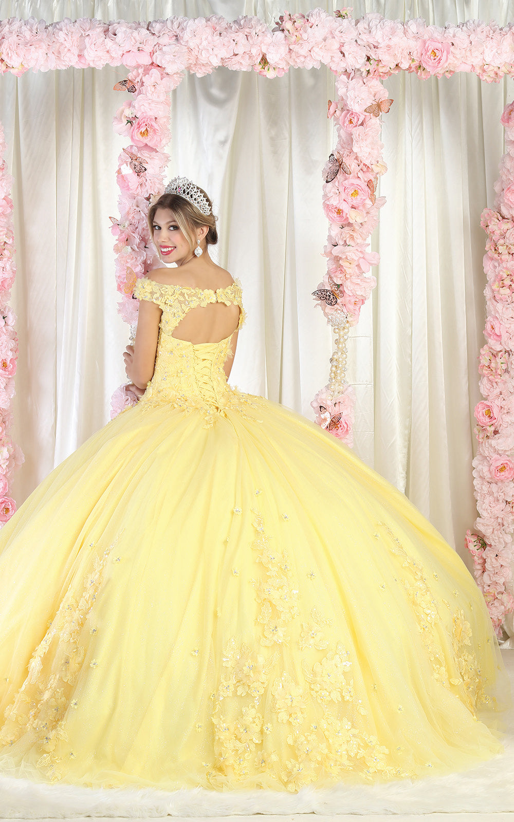 La Merchandise LA160 Floral Applique Off Shoulder Glitter Ball Gown - - LA Merchandise