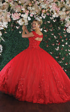 La Merchandise LA160 Floral Applique Off Shoulder Glitter Ball Gown - - LA Merchandise