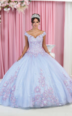 La Merchandise LA160 Floral Applique Off Shoulder Glitter Ball Gown - LILAC BABY BLUE - LA Merchandise