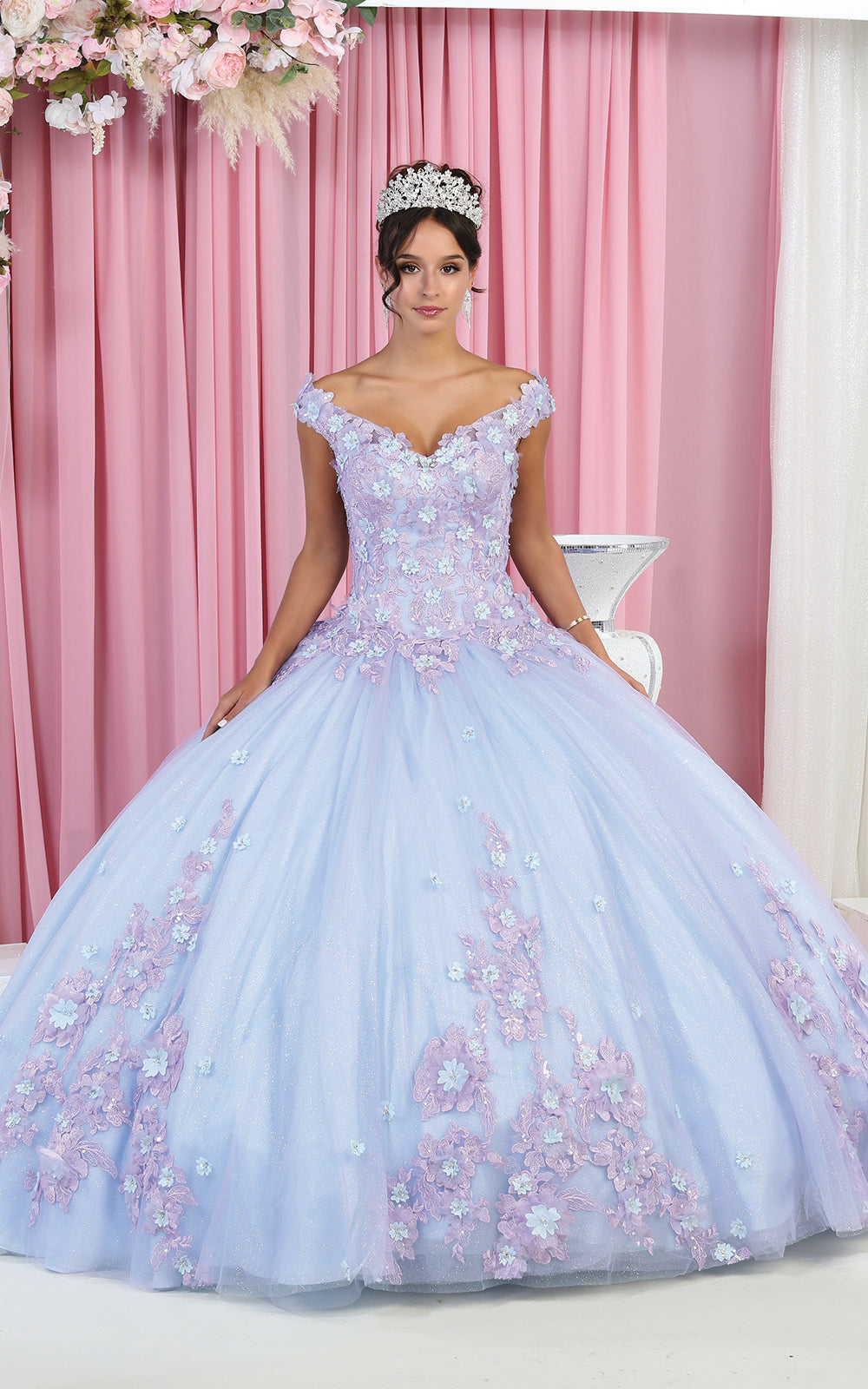 La Merchandise LA160 Floral Applique Off Shoulder Glitter Ball Gown - LILAC BABY BLUE - LA Merchandise