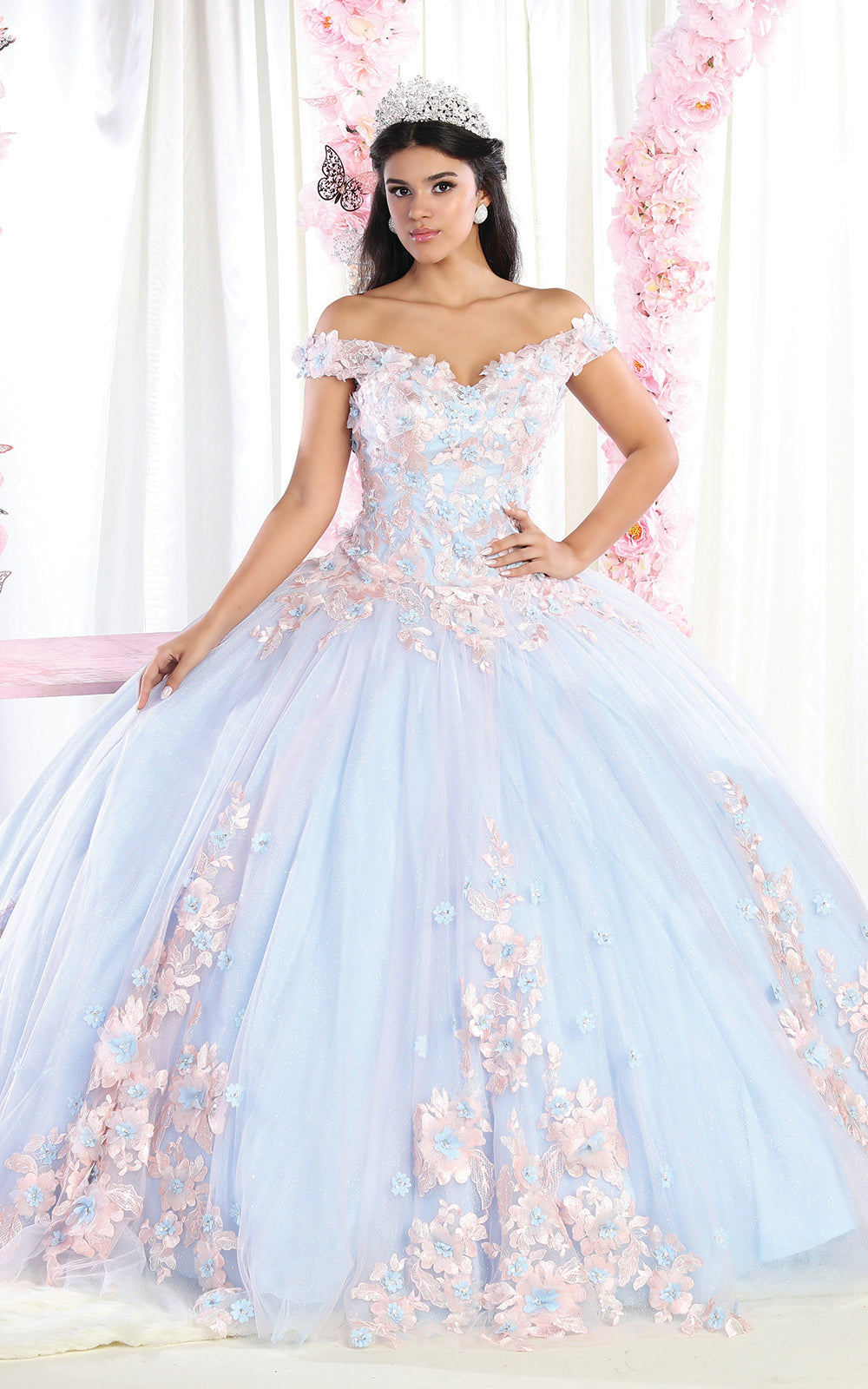 La Merchandise LA160 Floral Applique Off Shoulder Glitter Ball Gown - PINK BABY BLUE - LA Merchandise