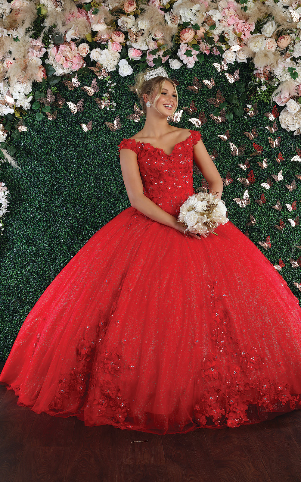 La Merchandise LA160 Floral Applique Off Shoulder Glitter Ball Gown - RED - LA Merchandise