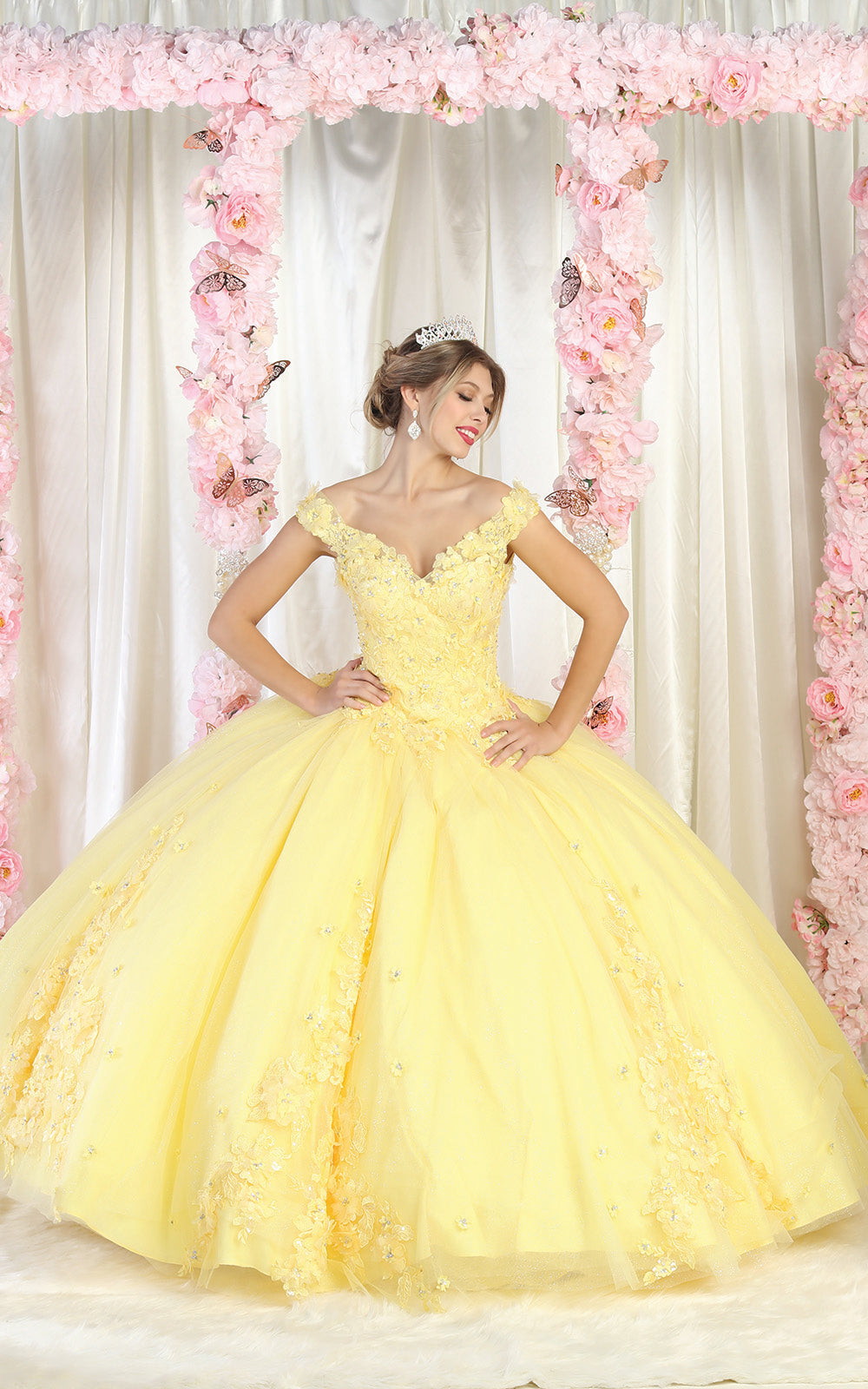 La Merchandise LA160 Floral Applique Off Shoulder Glitter Ball Gown - YELLOW - LA Merchandise