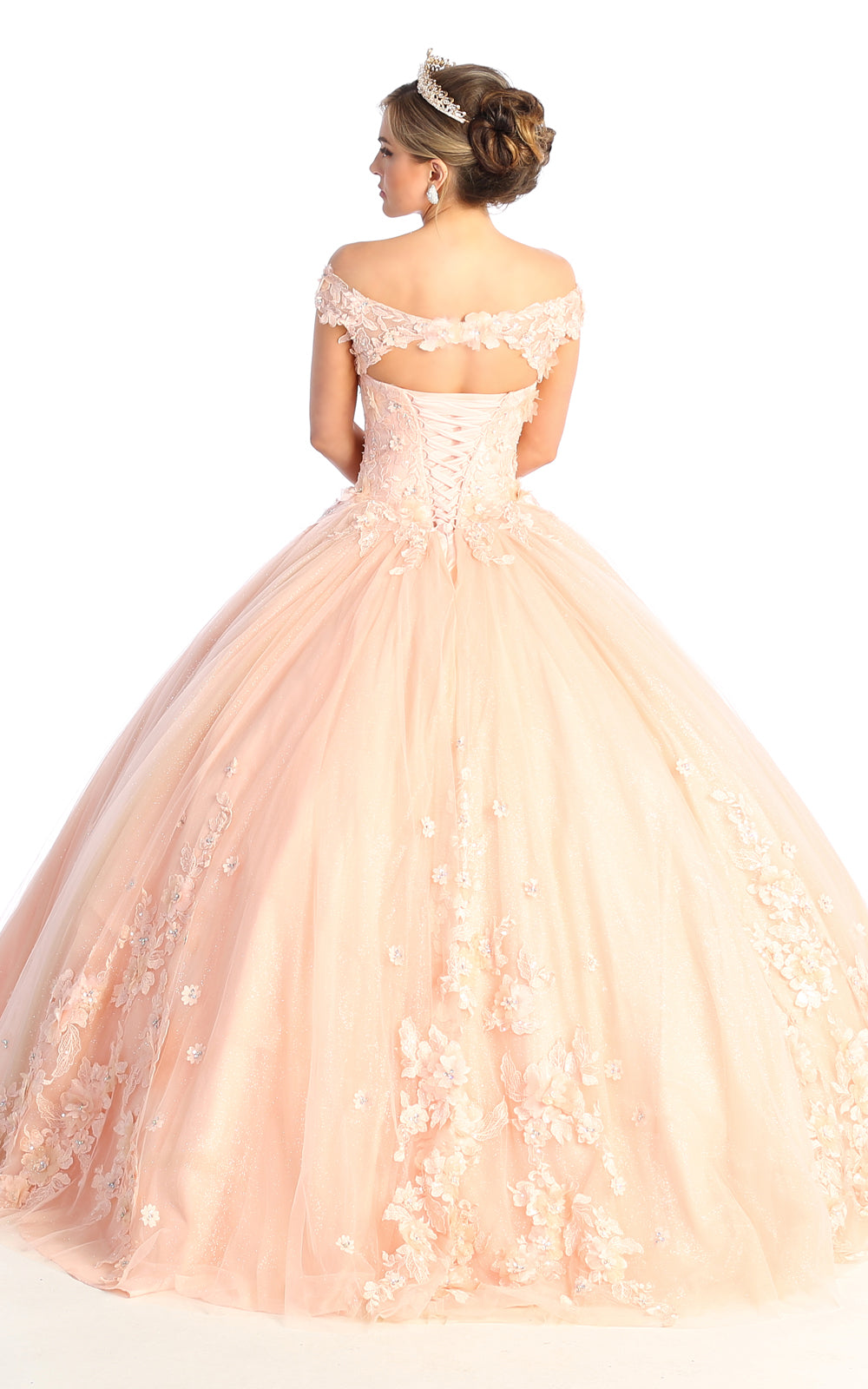 La Merchandise LA160 Floral Applique Off Shoulder Glitter Ball Gown - - LA Merchandise