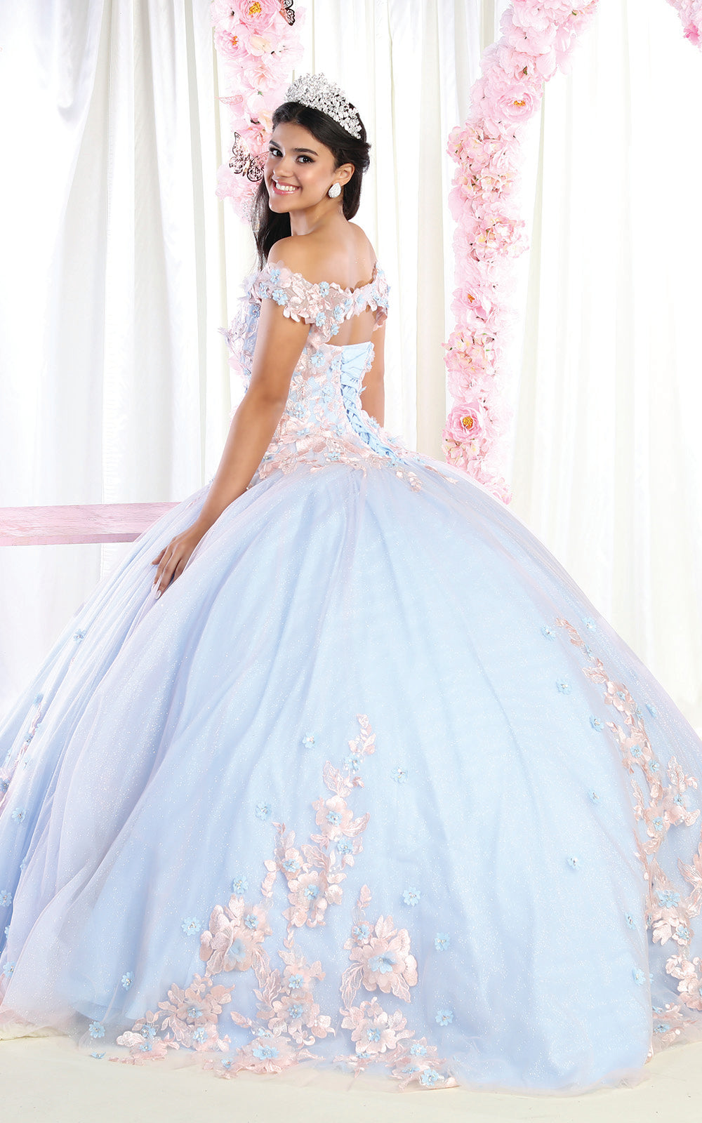 La Merchandise LA160 Floral Applique Off Shoulder Glitter Ball Gown - - LA Merchandise