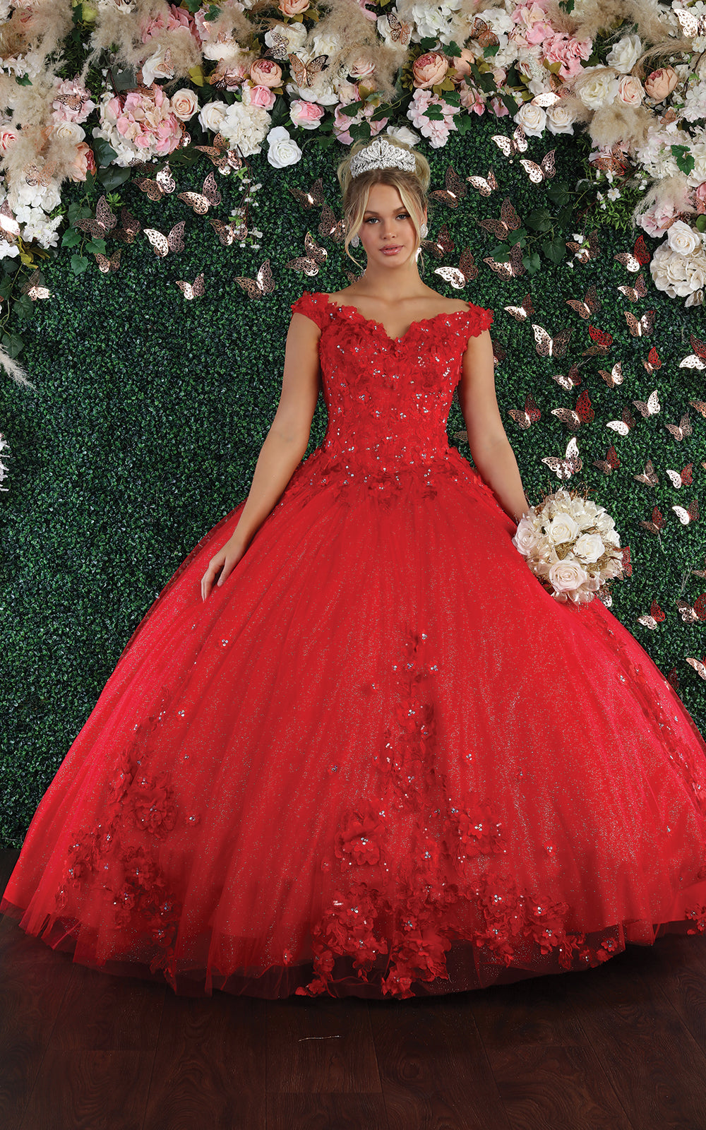 La Merchandise LA160 Floral Applique Off Shoulder Glitter Ball Gown - - LA Merchandise