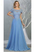 La Merchandise LA1763 Classic Short Sleeve Mother Of Bride Formal Gown - PERRY BLUE - LA Merchandise