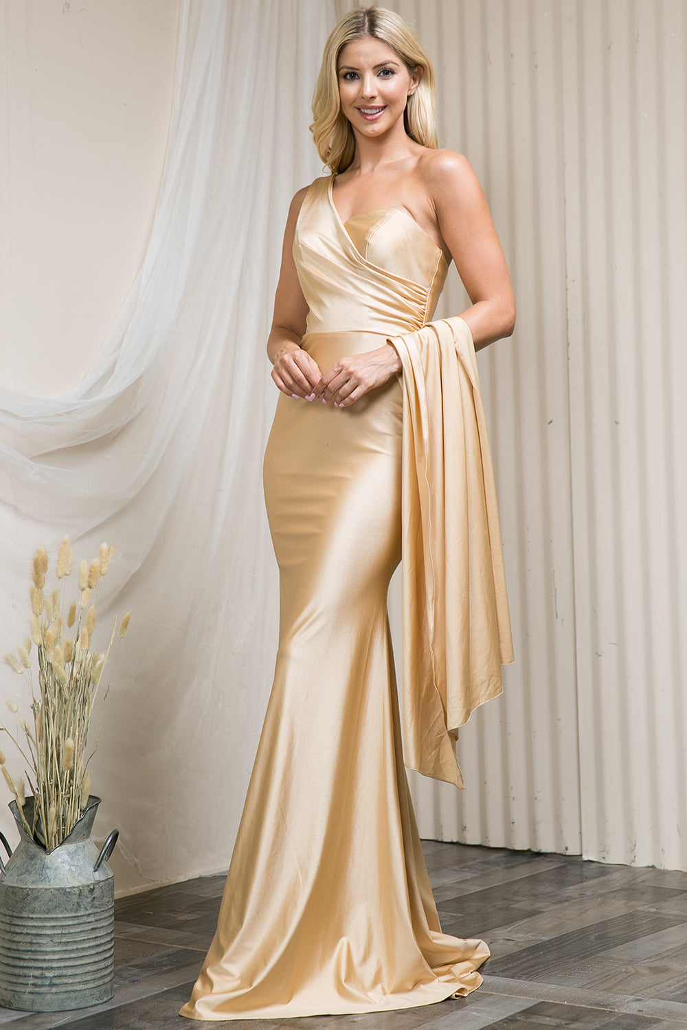 La Merchandise LAA387 One Shoulder Stretchy Side Cape Bridesmaids Dress - Champagne - LA Merchandise
