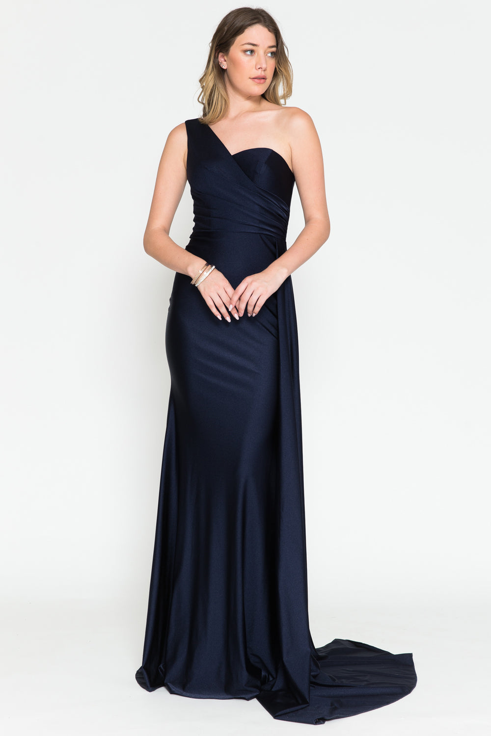 La Merchandise LAA387 One Shoulder Stretchy Side Cape Bridesmaids Dress - Navy - LA Merchandise