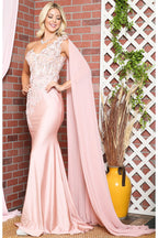 La Merchandise LAA388 One Shoulder Cape Floral Red Carpet Evening Gown - - LAA