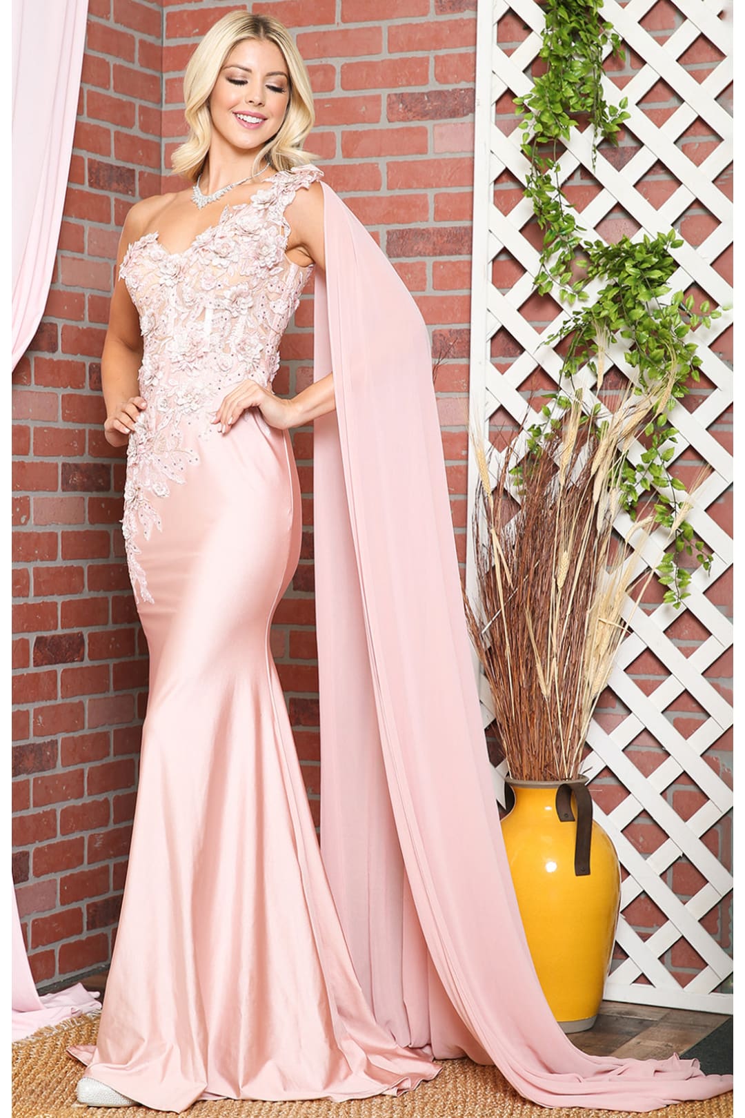 La Merchandise LAA388 One Shoulder Cape Floral Red Carpet Evening Gown - - LAA