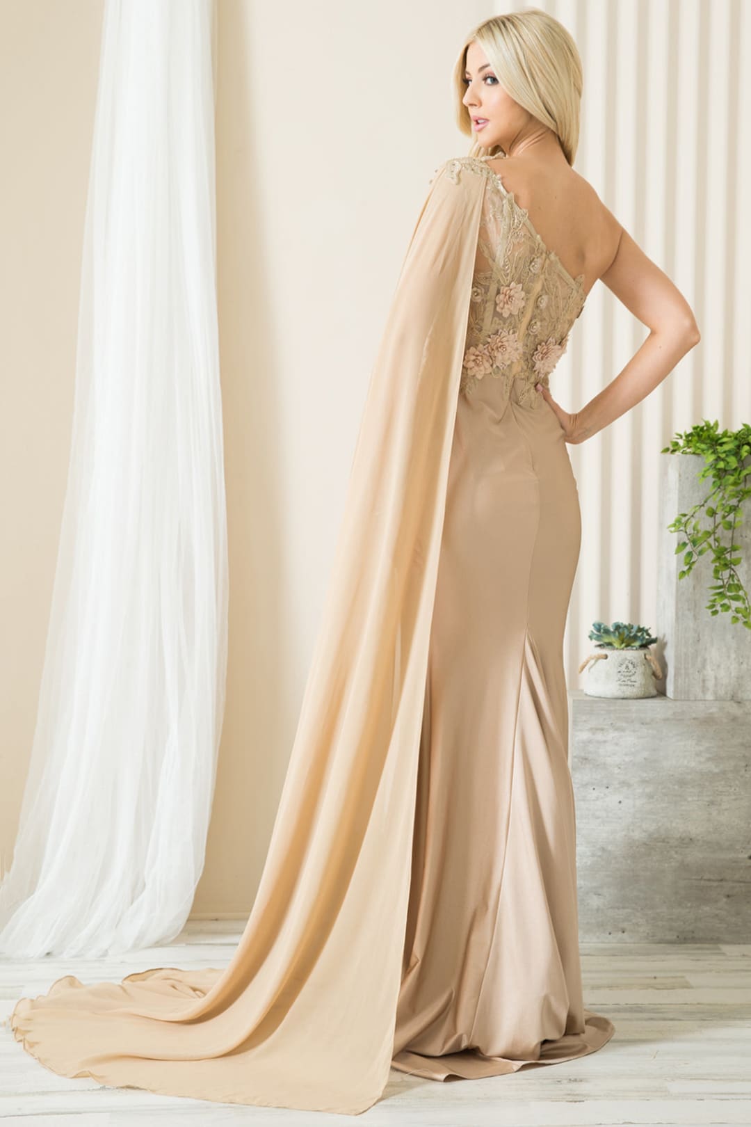 La Merchandise LAA388 One Shoulder Cape Floral Red Carpet Evening Gown - - LAA