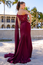 La Merchandise LAA388 One Shoulder Cape Floral Red Carpet Evening Gown - - LAA
