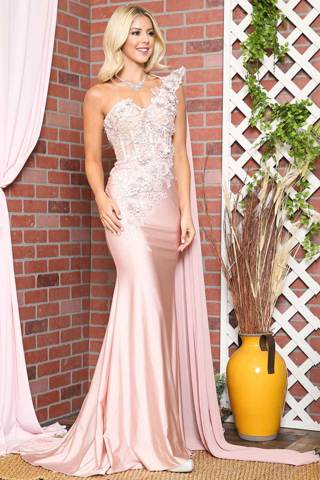 La Merchandise LAA388 One Shoulder Cape Floral Red Carpet Evening Gown - - LAA
