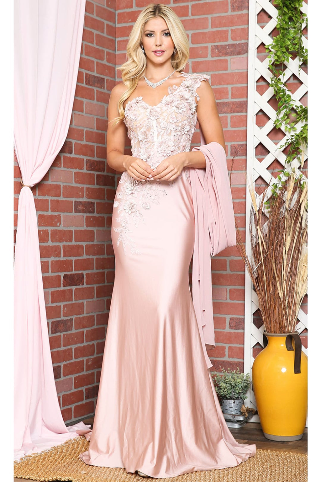 La Merchandise LAA388 One Shoulder Cape Floral Red Carpet Evening Gown - BLUSH - LAA