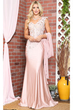 La Merchandise LAA388 One Shoulder Cape Floral Red Carpet Evening Gown - BLUSH - LAA