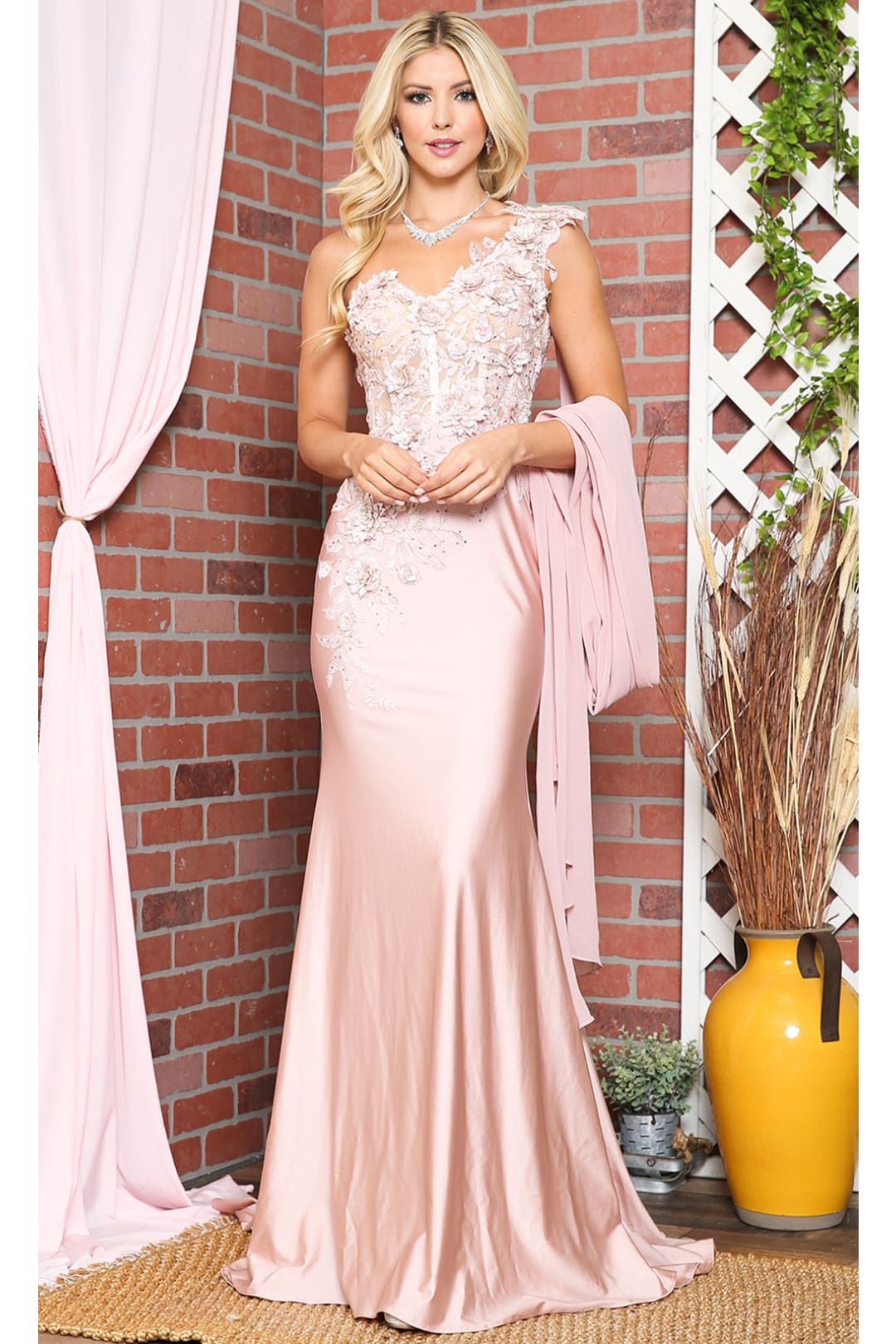 La Merchandise LAA388 One Shoulder Cape Floral Red Carpet Evening Gown - BLUSH - LAA