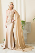La Merchandise LAA388 One Shoulder Cape Floral Red Carpet Evening Gown - CHAMPAGNE PINK - LAA