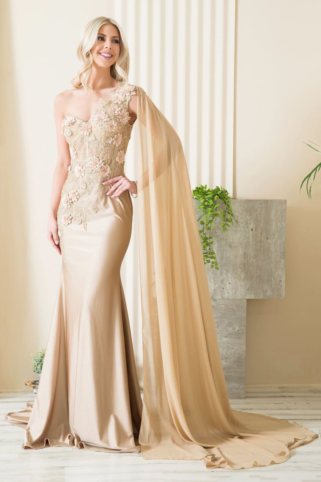 La Merchandise LAA388 One Shoulder Cape Floral Red Carpet Evening Gown - CHAMPAGNE PINK - LAA