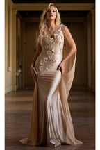La Merchandise LAA388 One Shoulder Cape Floral Red Carpet Evening Gown - - LAA