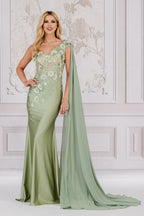 La Merchandise LAA388 One Shoulder Cape Floral Red Carpet Evening Gown - SAGE - LAA