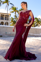 La Merchandise LAA388 One Shoulder Cape Floral Red Carpet Evening Gown - BURGUNDY WINE - LAA