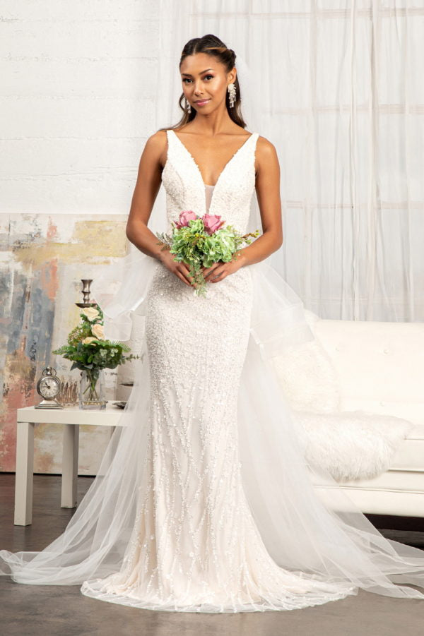 La Merchandise LAS3014 Bridal Mermaid V-Neck Wedding Dress - Ivory Champagne - Dresses LA Merchandise