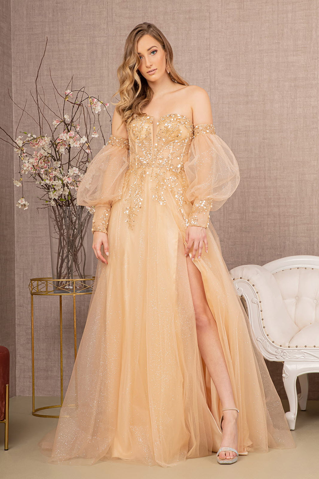 La Merchandise LAS3118 Detachable Puff Sleeves Pageant Gown - - LA Merchandise