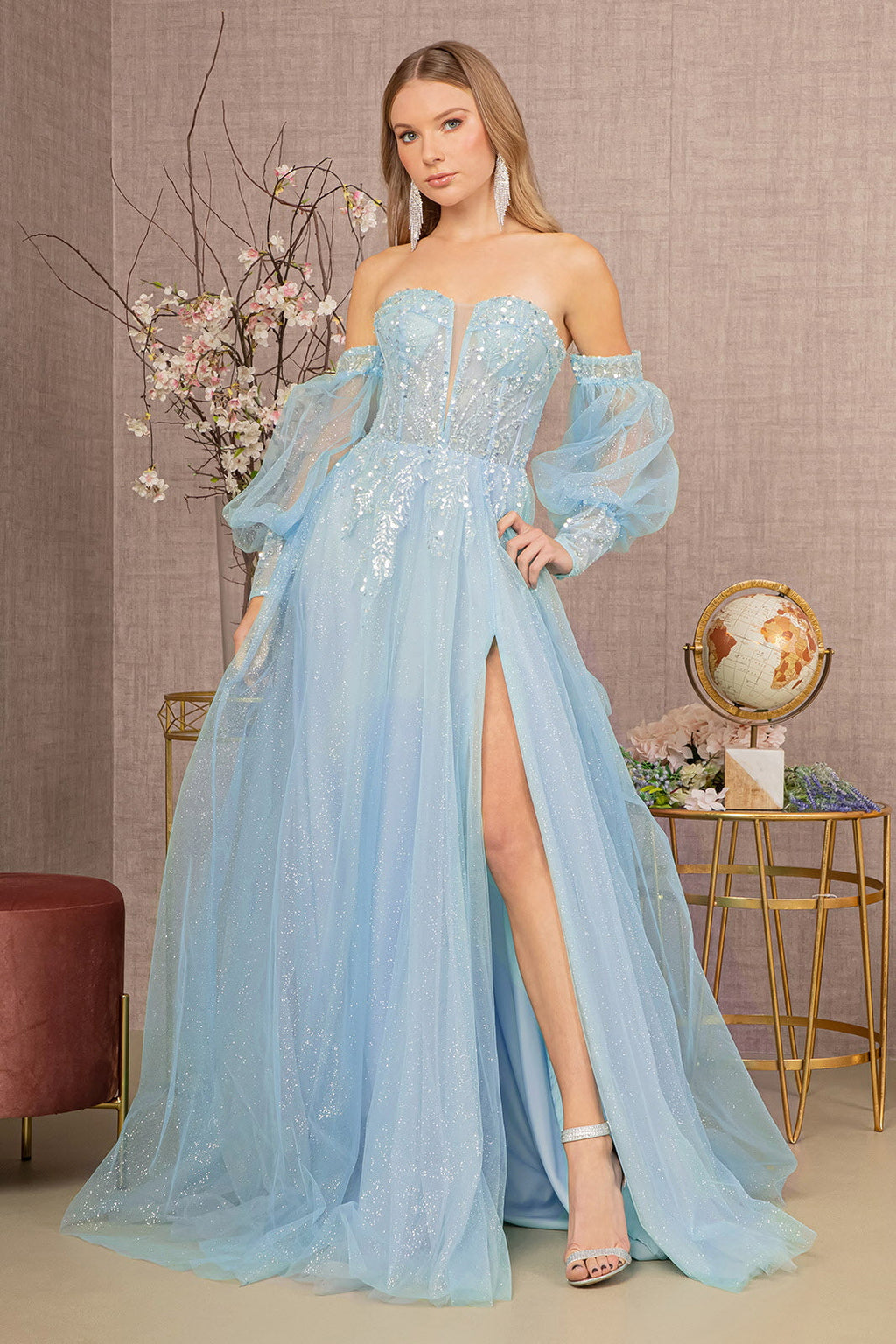 La Merchandise LAS3118 Detachable Puff Sleeves Pageant Gown - BABY BLUE - LA Merchandise