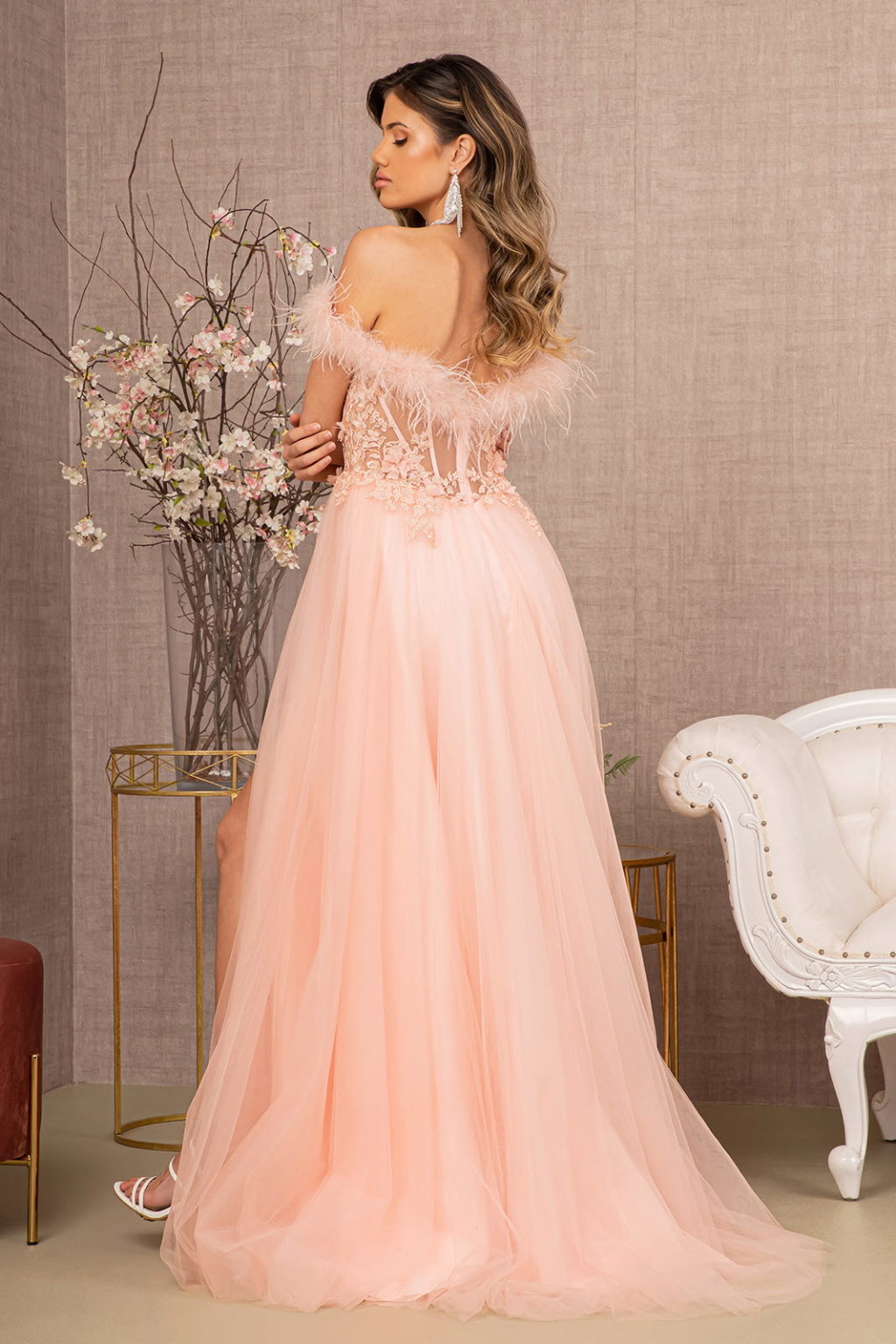 La Merchandise LAS3138 Feather A-line Embroidered Gown - - LA Merchandise